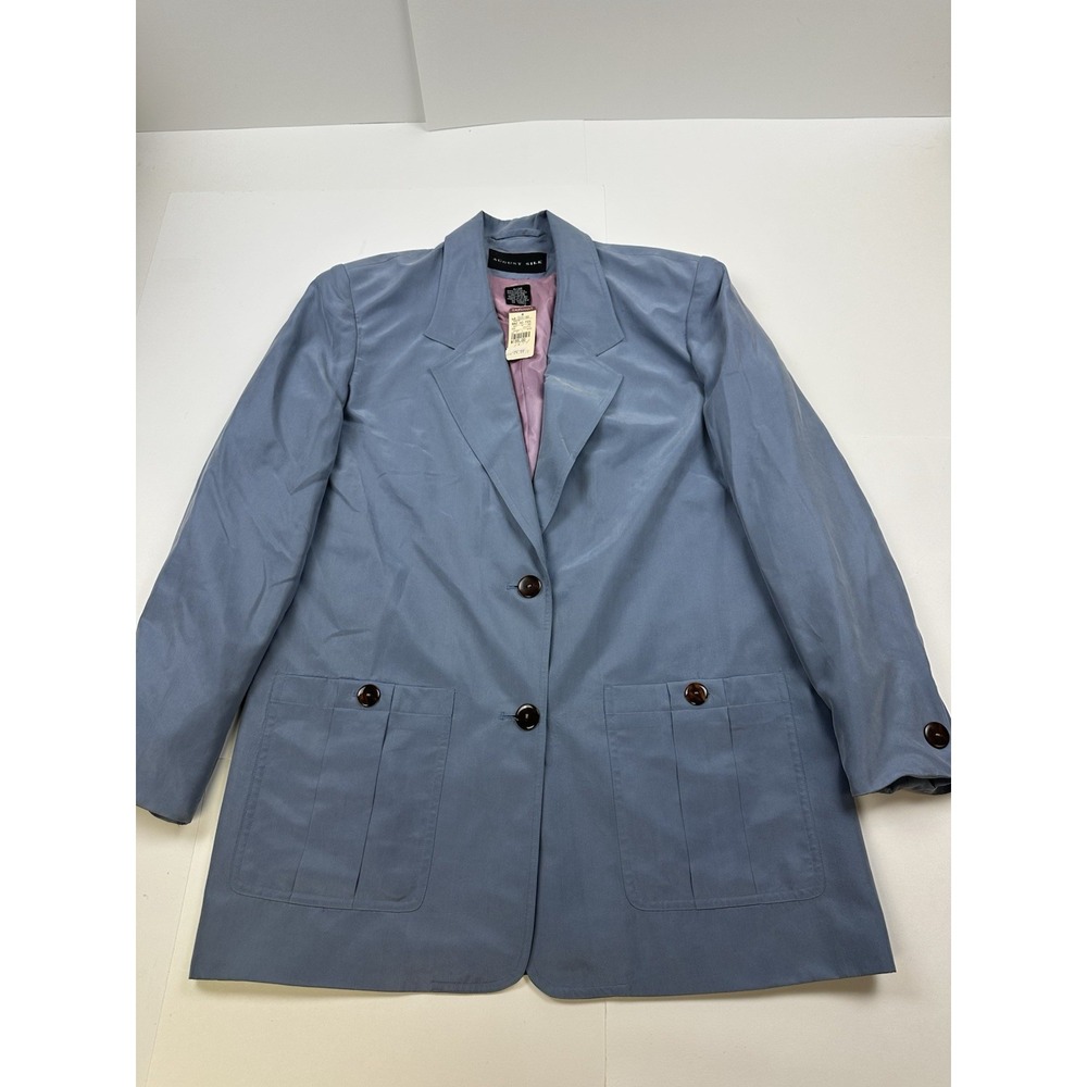 New August Silk Single Breast Notch Lapel Blazer Jacket Woman's 8 /38 Blue VTG